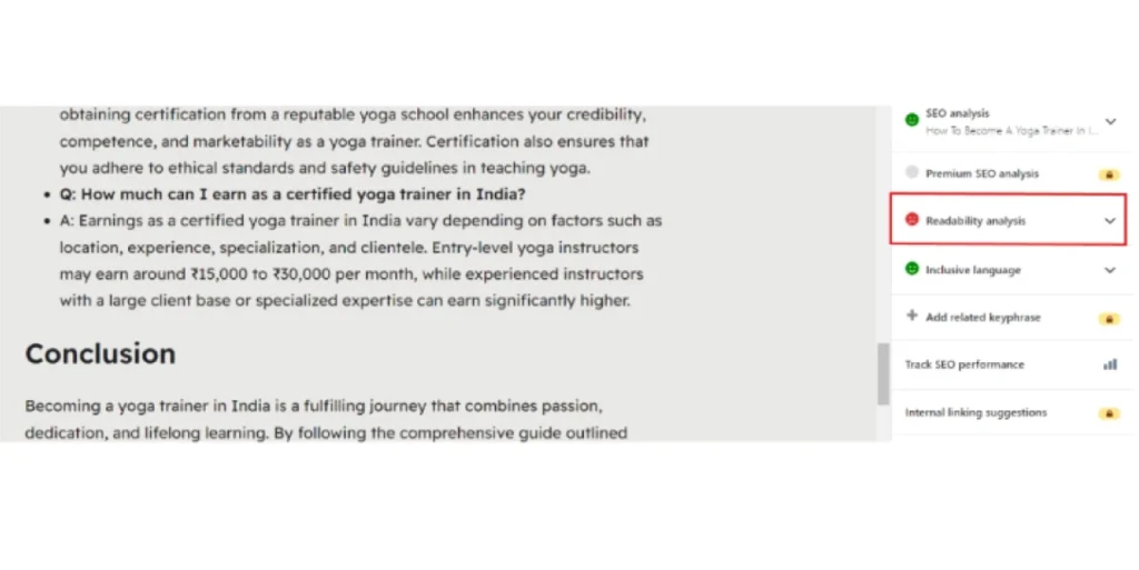 Broken SEO readability issue example screenshot from WordPress editor