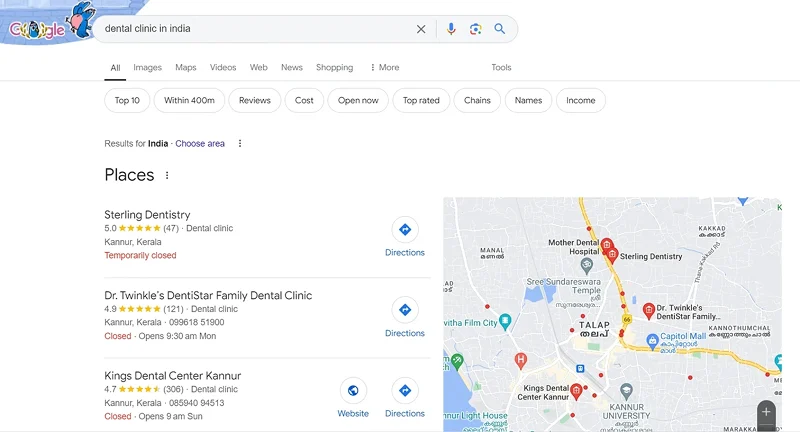 Search results for dental clinic in India showing top clinics and services