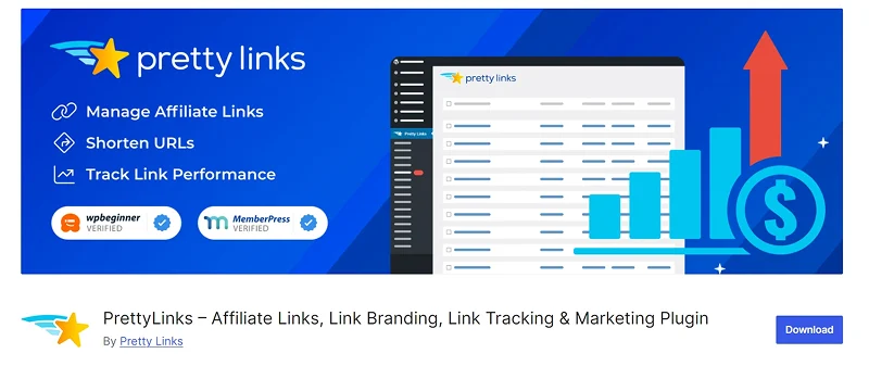 Pretty Links WordPress plugin dashboard showing link management features