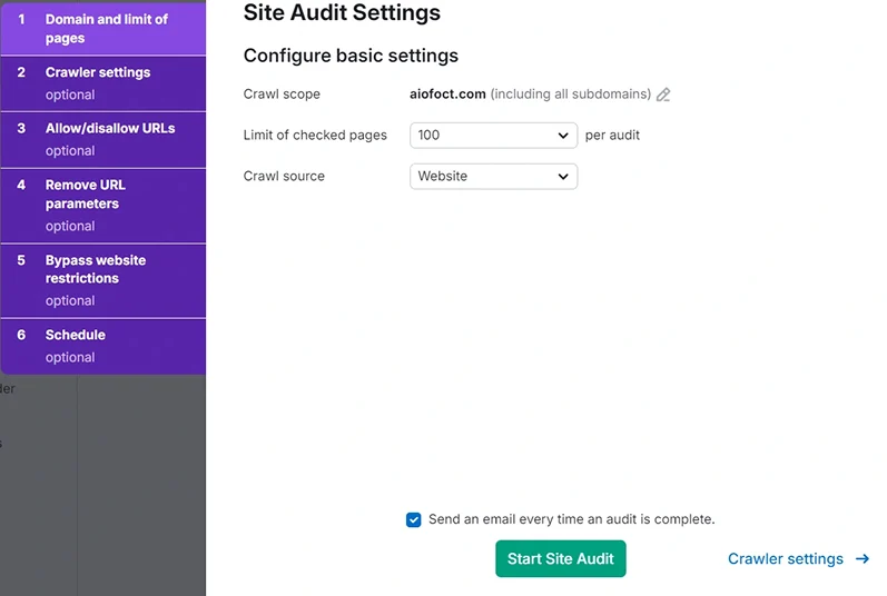 Website start site audit process showing SEO analysis tools and performance review