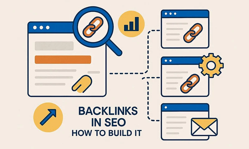 High-quality Backlinks In SEO strategy illustration showing SEO link building and website ranking improvement