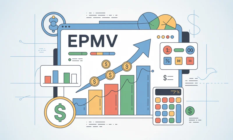 Illustration explaining EPMV calculation with charts, analytics dashboard, and revenue metrics